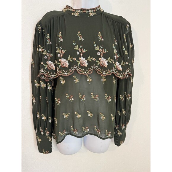 Zara Women Embroidered Blouse Sheer Cottagecore Boho Green Fairy Floral Fall L - Picture 1 of 7